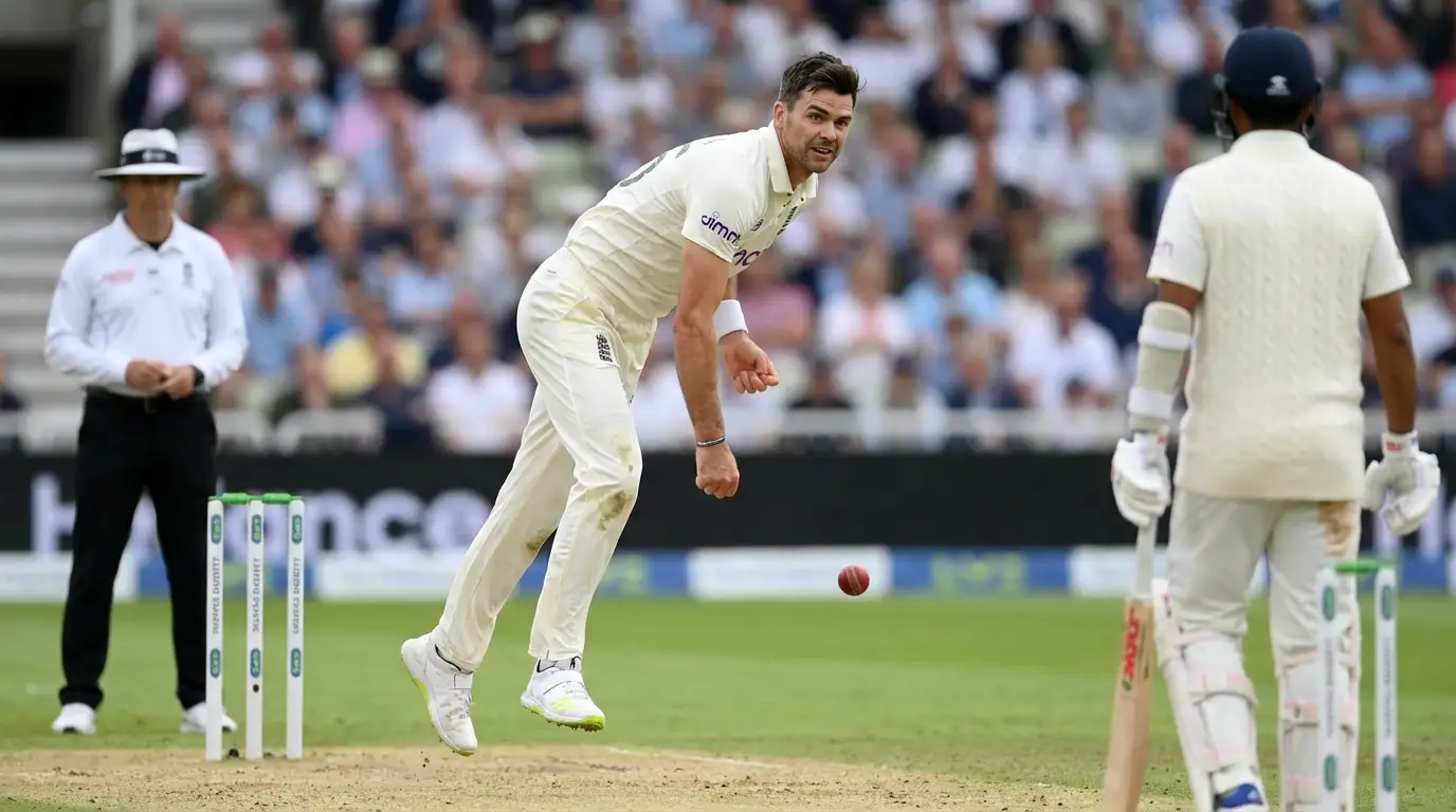 A glimpse of James Anderson delivering a spell in a Test match.
