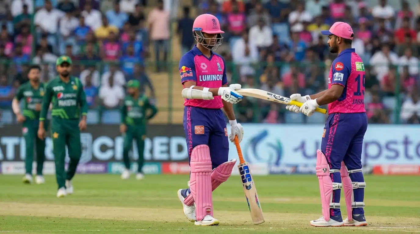 A shot of two Rajasthan Royals teammates swapping gloves in the middle of the pitch during an IPL clash