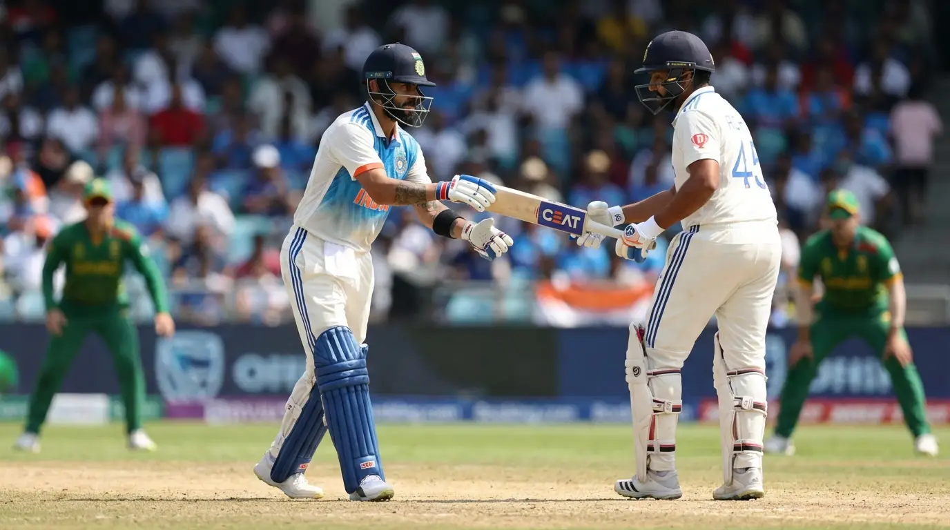 Two Indian cricketers sharing a moment of camaraderie during a Test match partnership