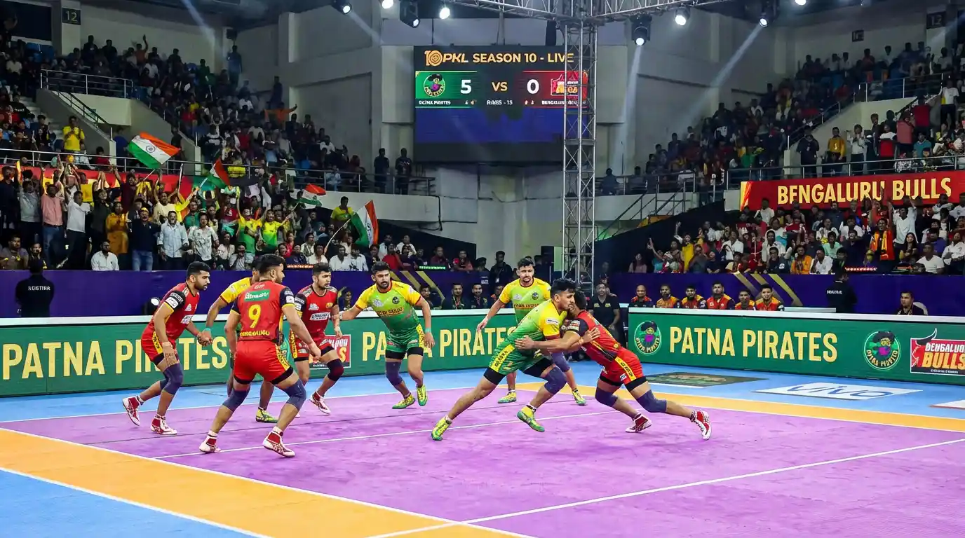 A snapshot of PKL defenders working in perfect harmony to execute a tackle during a match.