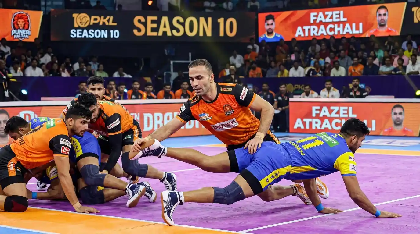 Fazel Atrachali demonstrating a perfectly timed ankle hold during a PKL clash.