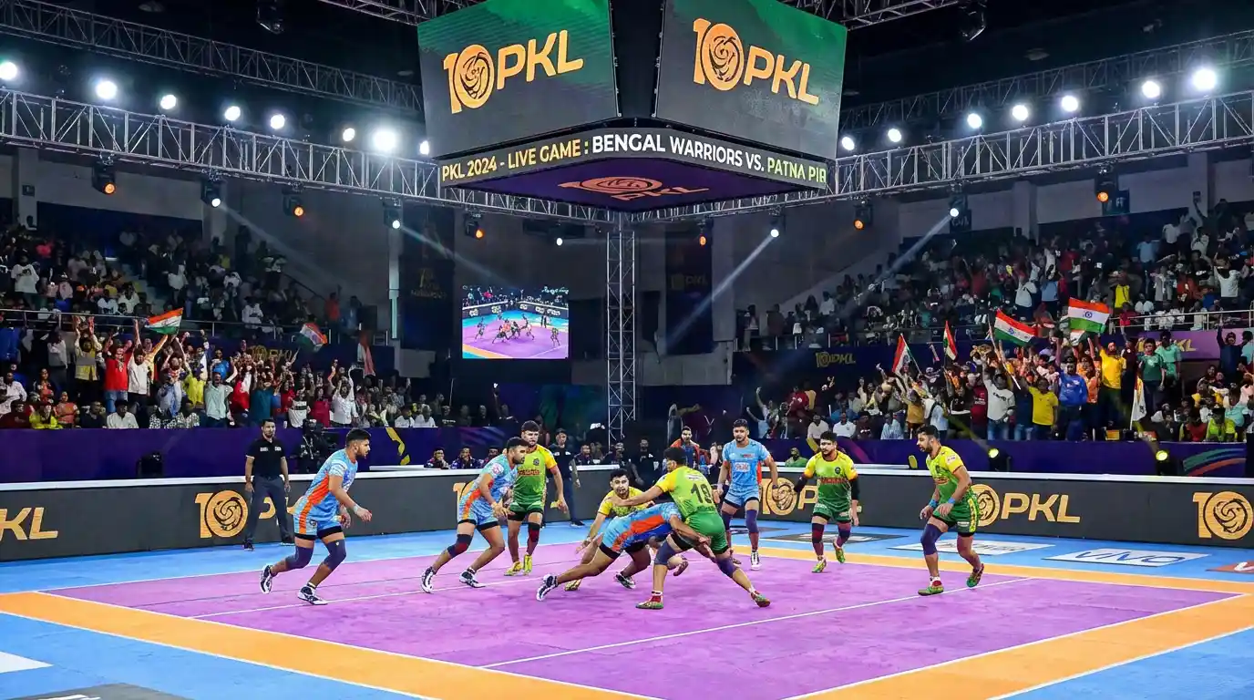 The high-energy atmosphere of a Pro Kabaddi League match with a raid in full swing.