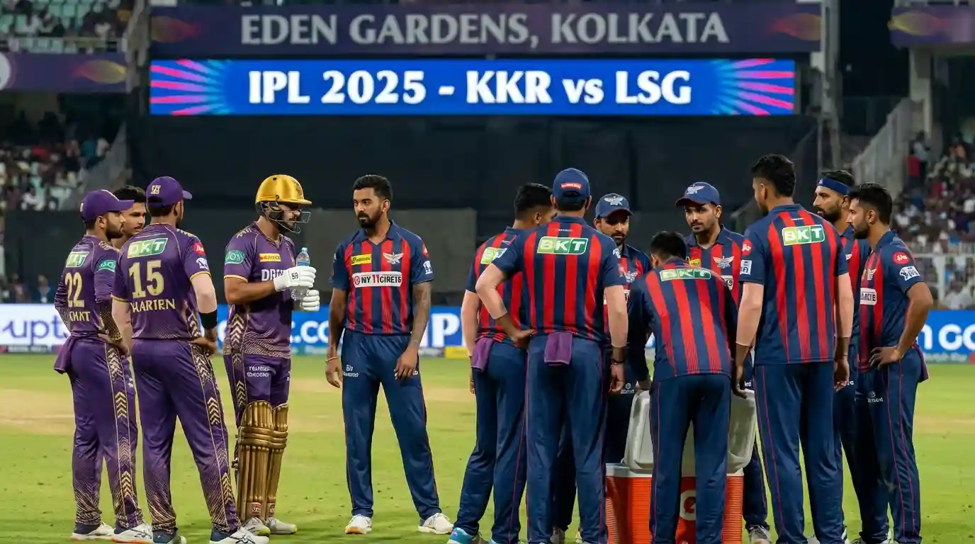 Players taking their positions on the field during a tense IPL atmosphere in Kolkata